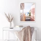 Shop Santorini in Spring Photo Art Print-Boho, Coastal, Greece, Photography, Pink, Portrait, View All-framed poster wall decor artwork