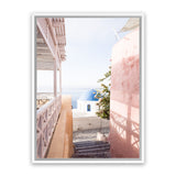 Shop Santorini in Spring Photo Canvas Art Print-Boho, Coastal, Greece, Photography, Photography Canvas Prints, Pink, Portrait, View All-framed wall decor artwork