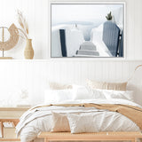Shop Santorini Stairway Photo Canvas Art Print-Blue, Coastal, Greece, Landscape, Photography, Photography Canvas Prints, View All, White-framed wall decor artwork