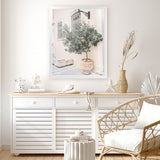 Shop Mediterranean Villa Photo Art Print-Botanicals, Greece, Green, Neutrals, Photography, Pink, Portrait, View All-framed poster wall decor artwork