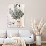 Shop Mediterranean Villa Photo Canvas Art Print-Botanicals, Greece, Green, Neutrals, Photography, Photography Canvas Prints, Pink, Portrait, View All-framed wall decor artwork