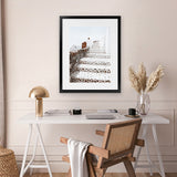 Shop Oia Staircase Photo Art Print-Blue, Greece, Neutrals, Photography, Portrait, View All, White-framed poster wall decor artwork