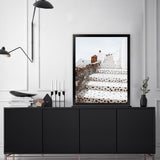 Shop Oia Staircase Photo Art Print-Blue, Greece, Neutrals, Photography, Portrait, View All, White-framed poster wall decor artwork