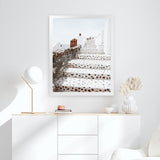 Shop Oia Staircase Photo Art Print-Blue, Greece, Neutrals, Photography, Portrait, View All, White-framed poster wall decor artwork