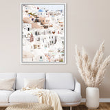 Shop Santorini Skyline II Photo Canvas Art Print-Coastal, Greece, Orange, Photography, Photography Canvas Prints, Pink, Portrait, View All, White-framed wall decor artwork