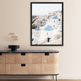 Shop Santorini Skyline III Photo Canvas Art Print-Blue, Coastal, Greece, Photography, Photography Canvas Prints, Portrait, View All, White-framed wall decor artwork