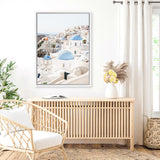 Shop Santorini Skyline III Photo Canvas Art Print-Blue, Coastal, Greece, Photography, Photography Canvas Prints, Portrait, View All, White-framed wall decor artwork