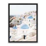 Shop Santorini Skyline III Photo Canvas Art Print-Blue, Coastal, Greece, Photography, Photography Canvas Prints, Portrait, View All, White-framed wall decor artwork