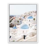 Shop Santorini Skyline III Photo Canvas Art Print-Blue, Coastal, Greece, Photography, Photography Canvas Prints, Portrait, View All, White-framed wall decor artwork