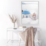Shop Santorini Panorama I Photo Canvas Art Print-Blue, Coastal, Greece, Photography, Photography Canvas Prints, Portrait, View All, White-framed wall decor artwork