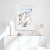 Shop Staircase View Photo Art Print-Blue, Coastal, Greece, Photography, Portrait, View All, White-framed poster wall decor artwork