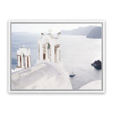 Shop Two White Churches I Photo Canvas Art Print-Blue, Coastal, Greece, Landscape, Photography, Photography Canvas Prints, View All, White-framed wall decor artwork