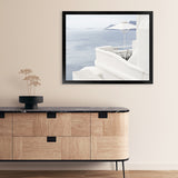 Shop Santorini Terrace I Photo Art Print-Blue, Coastal, Greece, Landscape, Photography, View All, White-framed poster wall decor artwork