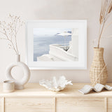 Shop Santorini Terrace I Photo Art Print-Blue, Coastal, Greece, Landscape, Photography, View All, White-framed poster wall decor artwork