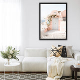 Shop Santorini Pink House III Photo Canvas Art Print-Coastal, Greece, Neutrals, Photography, Photography Canvas Prints, Pink, Portrait, View All-framed wall decor artwork