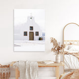 Shop Oia Church I Photo Canvas Art Print-Brown, Coastal, Greece, Photography, Photography Canvas Prints, Portrait, View All, White-framed wall decor artwork