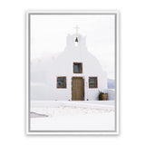 Shop Oia Church I Photo Canvas Art Print-Brown, Coastal, Greece, Photography, Photography Canvas Prints, Portrait, View All, White-framed wall decor artwork