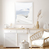Shop Santorini Terrace II Photo Art Print-Blue, Coastal, Greece, Photography, Portrait, View All, White-framed poster wall decor artwork