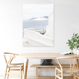 Shop Santorini Terrace II Photo Canvas Art Print-Blue, Coastal, Greece, Photography, Photography Canvas Prints, Portrait, View All, White-framed wall decor artwork
