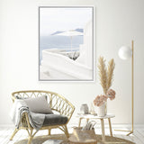 Shop Santorini Terrace II Photo Canvas Art Print-Blue, Coastal, Greece, Photography, Photography Canvas Prints, Portrait, View All, White-framed wall decor artwork