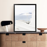 Shop Santorini Terrace II Photo Art Print-Blue, Coastal, Greece, Photography, Portrait, View All, White-framed poster wall decor artwork