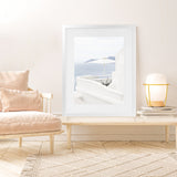 Shop Santorini Terrace II Photo Art Print-Blue, Coastal, Greece, Photography, Portrait, View All, White-framed poster wall decor artwork