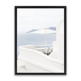 Shop Santorini Terrace II Photo Canvas Art Print-Blue, Coastal, Greece, Photography, Photography Canvas Prints, Portrait, View All, White-framed wall decor artwork