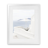 Shop Santorini Terrace II Photo Art Print-Blue, Coastal, Greece, Photography, Portrait, View All, White-framed poster wall decor artwork