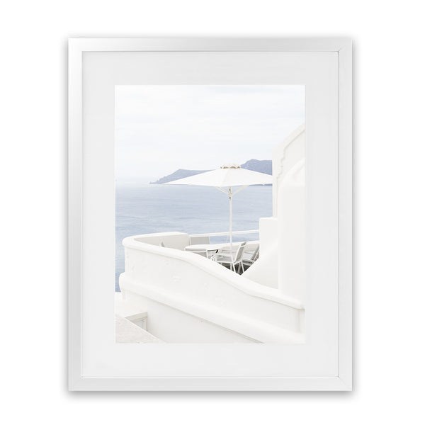 Shop Santorini Terrace II Photo Art Print-Blue, Coastal, Greece, Photography, Portrait, View All, White-framed poster wall decor artwork
