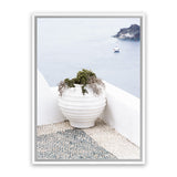 Shop White Grecian Urn Photo Canvas Art Print-Coastal, Greece, Photography, Photography Canvas Prints, Portrait, Purple, View All, White-framed wall decor artwork