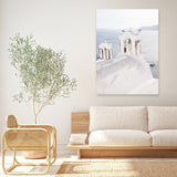Shop Oia Bells I Photo Canvas Art Print-Blue, Coastal, Greece, Photography, Photography Canvas Prints, Portrait, View All, White-framed wall decor artwork
