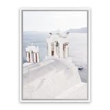 Shop Oia Bells I Photo Canvas Art Print-Blue, Coastal, Greece, Photography, Photography Canvas Prints, Portrait, View All, White-framed wall decor artwork