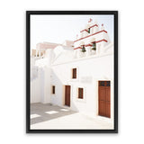 Shop Oia Little Church Photo Canvas Art Print-Brown, Greece, Photography, Photography Canvas Prints, Portrait, View All, White-framed wall decor artwork