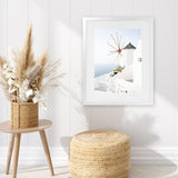 Shop Santorini Windmill Photo Art Print-Blue, Coastal, Greece, Photography, Portrait, View All, White-framed poster wall decor artwork