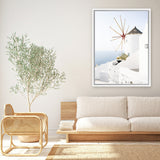 Shop Santorini Windmill Photo Canvas Art Print-Blue, Coastal, Photography, Photography Canvas Prints, Portrait, View All, White-framed wall decor artwork