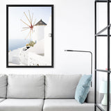 Shop Santorini Windmill Photo Canvas Art Print-Blue, Coastal, Photography, Photography Canvas Prints, Portrait, View All, White-framed wall decor artwork