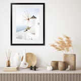 Shop Santorini Windmill Photo Art Print-Blue, Coastal, Greece, Photography, Portrait, View All, White-framed poster wall decor artwork