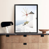 Shop Santorini Windmill Photo Art Print-Blue, Coastal, Greece, Photography, Portrait, View All, White-framed poster wall decor artwork