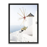 Shop Santorini Windmill Photo Canvas Art Print-Blue, Coastal, Photography, Photography Canvas Prints, Portrait, View All, White-framed wall decor artwork
