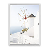 Shop Santorini Windmill Photo Canvas Art Print-Blue, Coastal, Photography, Photography Canvas Prints, Portrait, View All, White-framed wall decor artwork