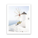 Shop Santorini Windmill Photo Art Print-Blue, Coastal, Greece, Photography, Portrait, View All, White-framed poster wall decor artwork