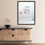 Shop Oia Bells II Photo Canvas Art Print-Blue, Coastal, Greece, Photography, Photography Canvas Prints, Portrait, View All, White-framed wall decor artwork