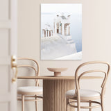 Shop Oia Bells II Photo Canvas Art Print-Blue, Coastal, Greece, Photography, Photography Canvas Prints, Portrait, View All, White-framed wall decor artwork