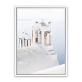 Shop Oia Bells II Photo Canvas Art Print-Blue, Coastal, Greece, Photography, Photography Canvas Prints, Portrait, View All, White-framed wall decor artwork