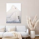 Shop Mykonos White Church Photo Canvas Art Print-Coastal, Greece, Photography, Photography Canvas Prints, Portrait, View All, White-framed wall decor artwork