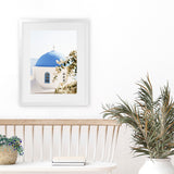 Shop Santorini Blossom Photo Art Print-Blue, Coastal, Florals, Greece, Green, Photography, Portrait, View All, White-framed poster wall decor artwork