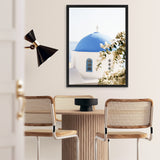 Shop Santorini Blossom Photo Canvas Art Print-Blue, Coastal, Florals, Greece, Green, Photography, Photography Canvas Prints, Portrait, View All, White-framed wall decor artwork