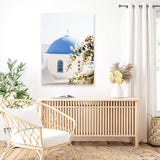 Shop Santorini Blossom Photo Canvas Art Print-Blue, Coastal, Florals, Greece, Green, Photography, Photography Canvas Prints, Portrait, View All, White-framed wall decor artwork