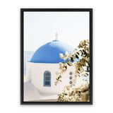 Shop Santorini Blossom Photo Canvas Art Print-Blue, Coastal, Florals, Greece, Green, Photography, Photography Canvas Prints, Portrait, View All, White-framed wall decor artwork