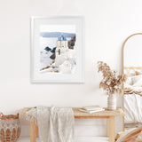 Shop Blue Dome Church Photo Art Print-Blue, Coastal, Greece, Photography, Portrait, View All, White-framed poster wall decor artwork